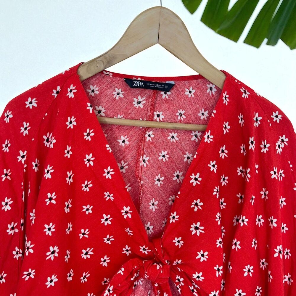 ZARA Red Daisy Floral Print Tie-Front Linen Blend Cropped Blouse - XS - Picture 9 of 12